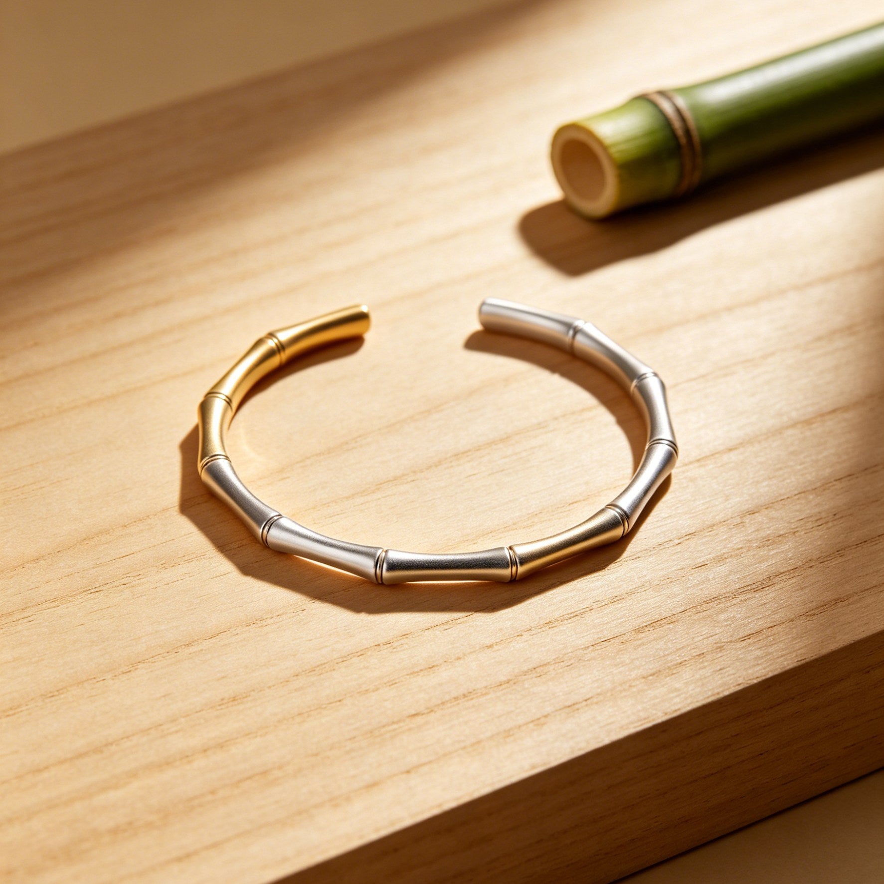 Gold bracelet on a wooden surface with a bamboo stick