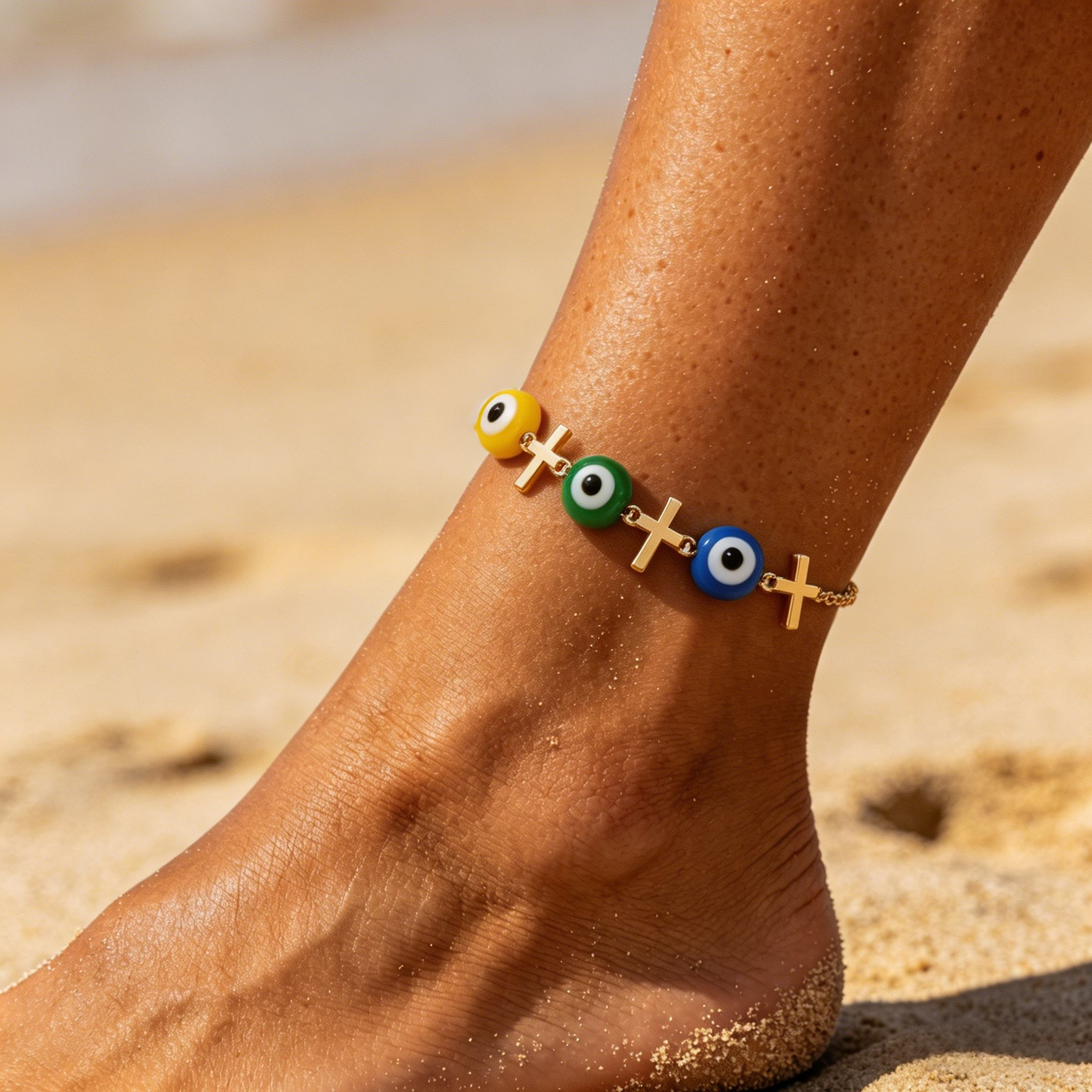 3-Color Evil Eye Anklet with Cross Charms