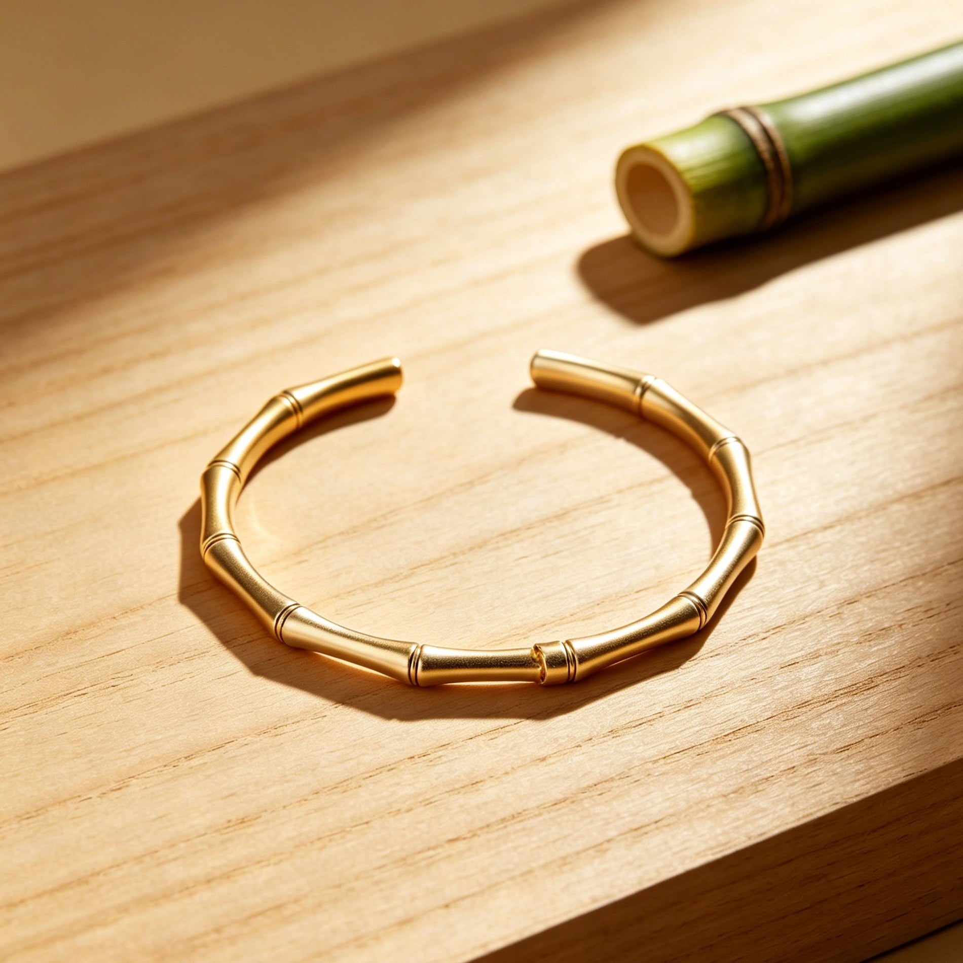 Gold bracelet on a wooden surface with a bamboo stick in the background