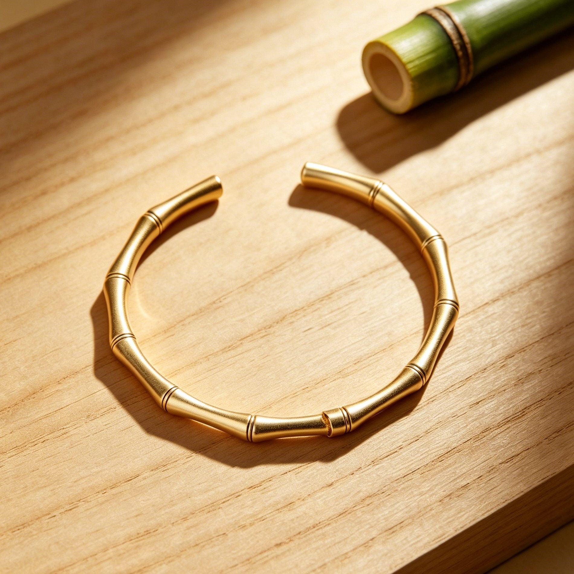 Gold bracelet on a wooden surface with a bamboo stick in the background
