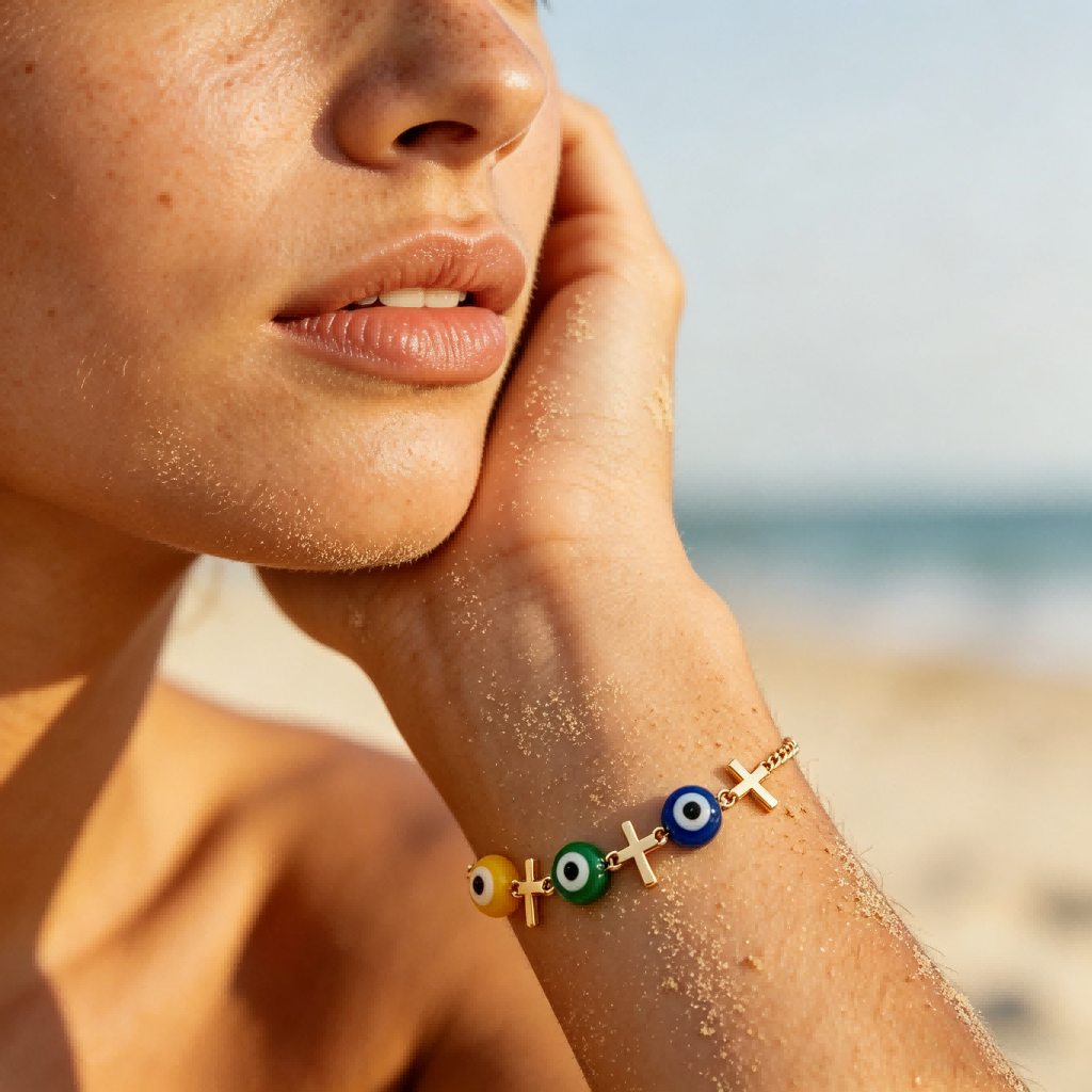3-Color Evil Eye Anklet with Cross Charms