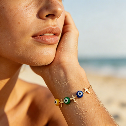 3-Color Evil Eye Anklet with Cross Charms