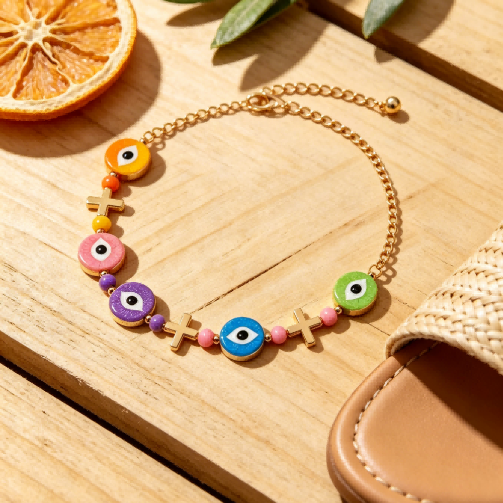Rainbow Evil Eye Anklet – Lucky Charm for Summer