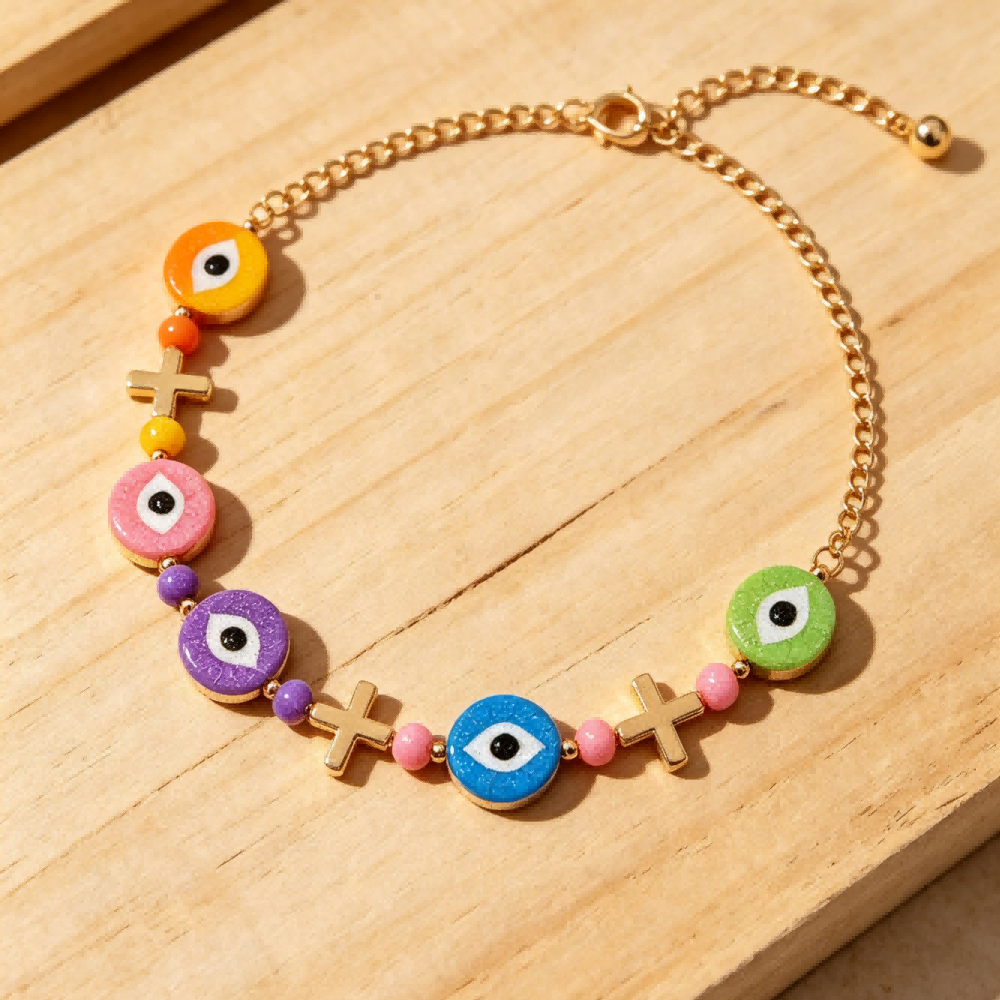 Rainbow Evil Eye Anklet – Lucky Charm for Summer