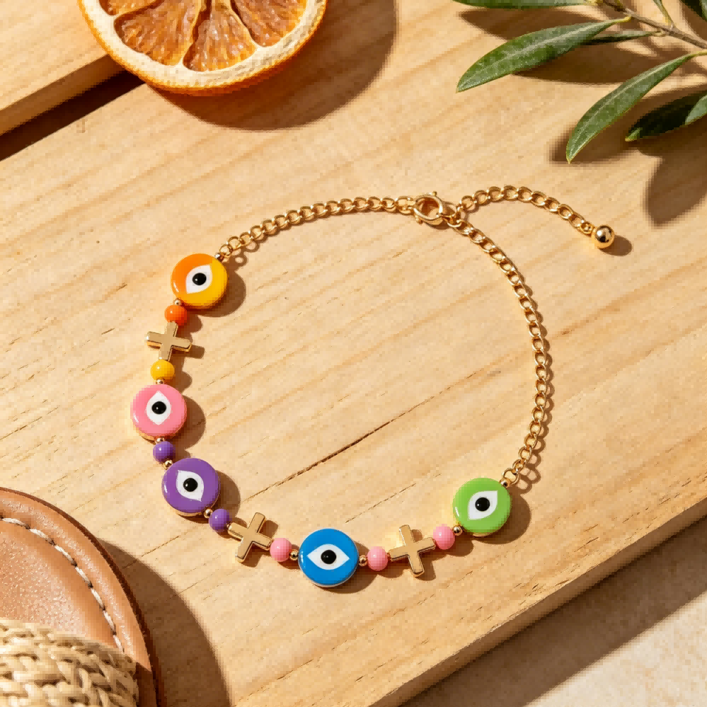 Rainbow Evil Eye Anklet – Lucky Charm for Summer