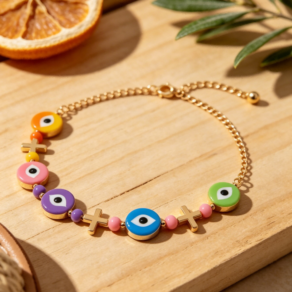 Rainbow Evil Eye Anklet – Lucky Charm for Summer