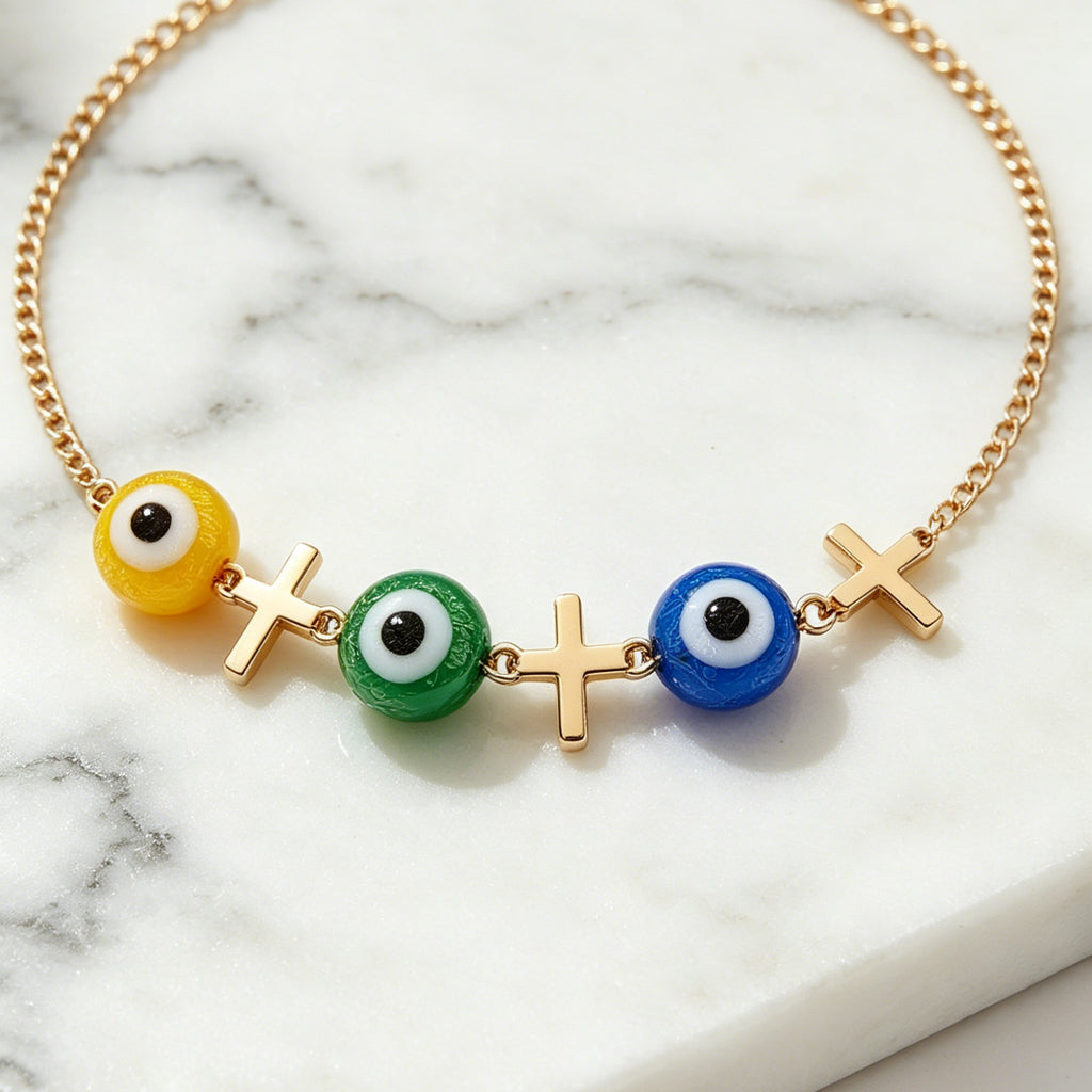 3-Color Evil Eye Anklet with Cross Charms