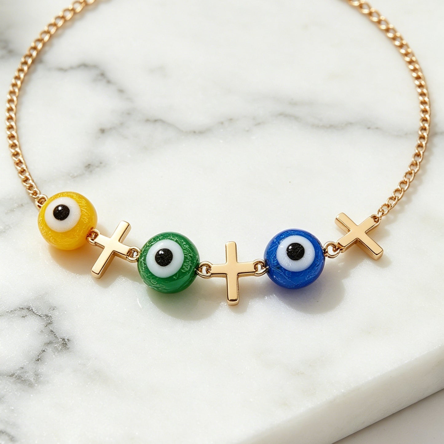 3-Color Evil Eye Anklet with Cross Charms