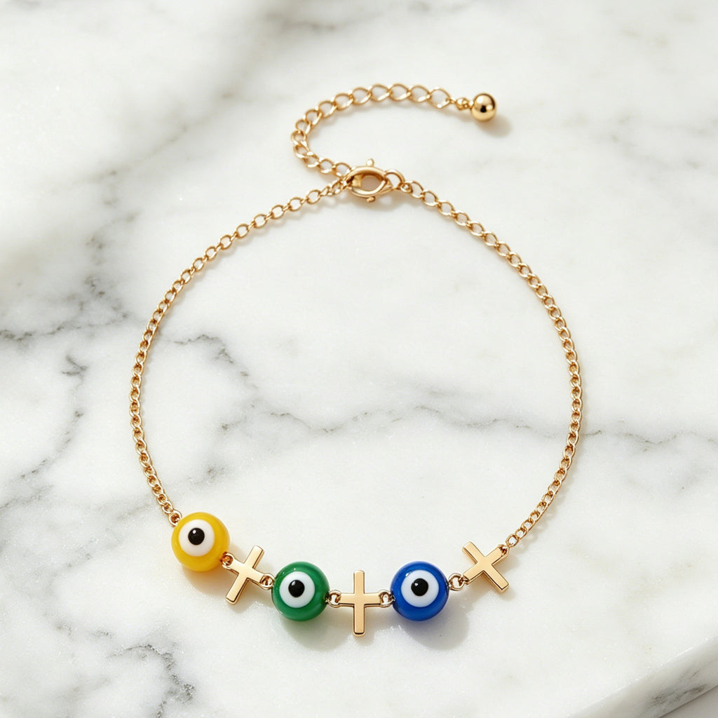 3-Color Evil Eye Anklet with Cross Charms