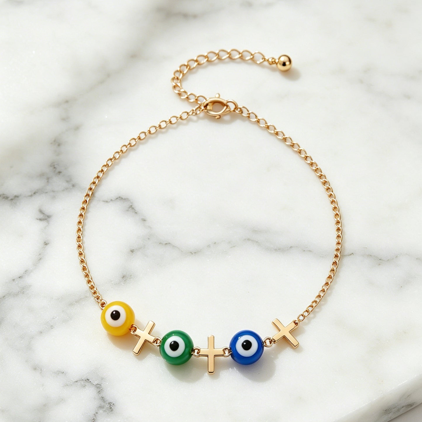 3-Color Evil Eye Anklet with Cross Charms