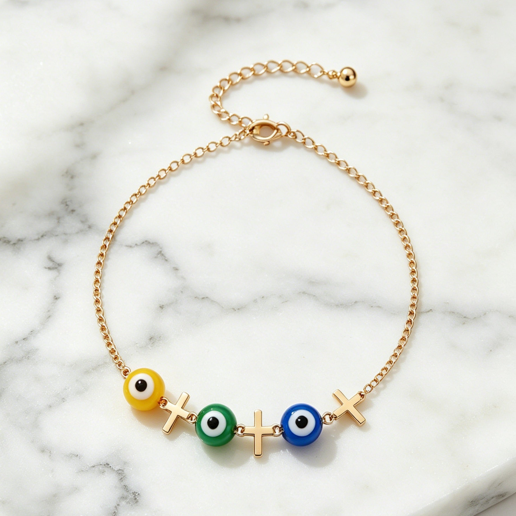 3-Color Evil Eye Anklet with Cross Charms