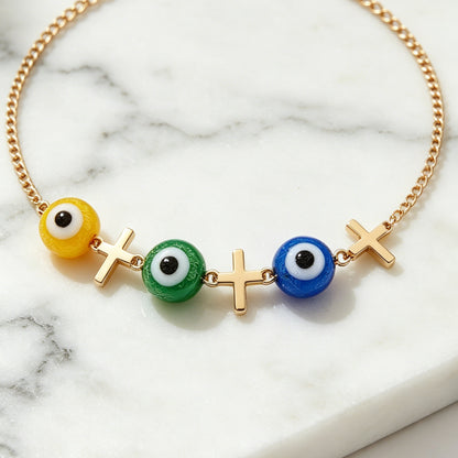 3-Color Evil Eye Anklet with Cross Charms