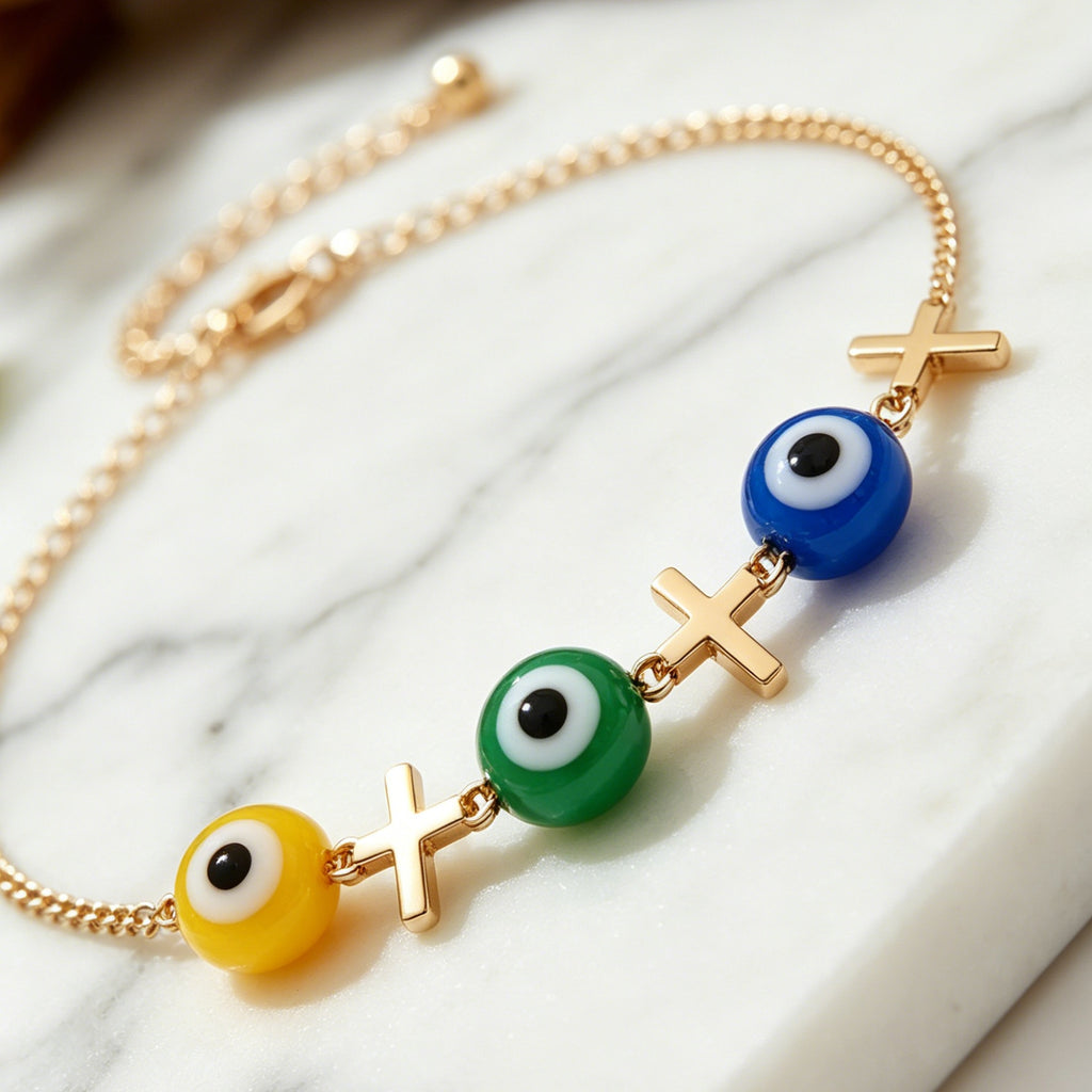 3-Color Evil Eye Anklet with Cross Charms