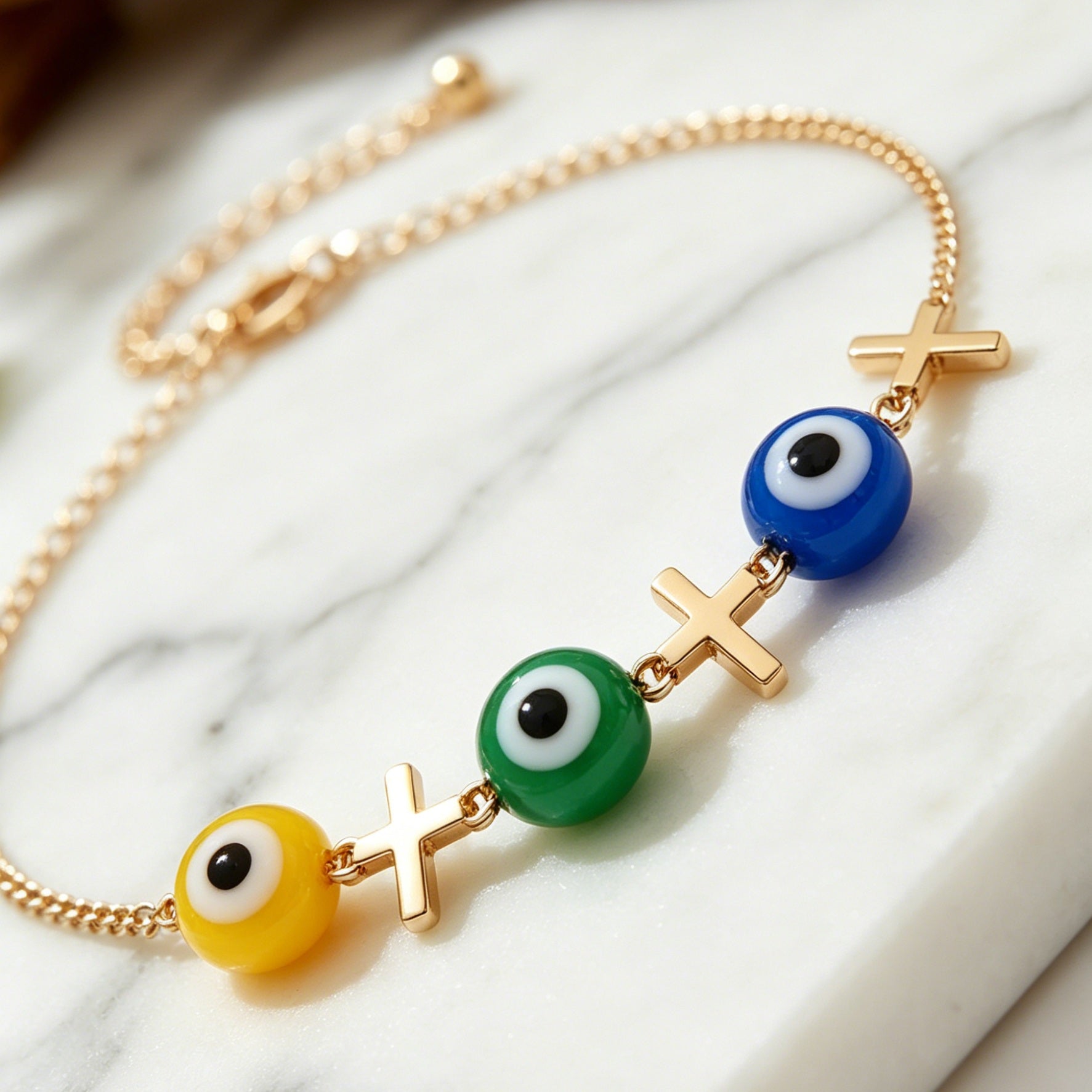 3-Color Evil Eye Anklet with Cross Charms