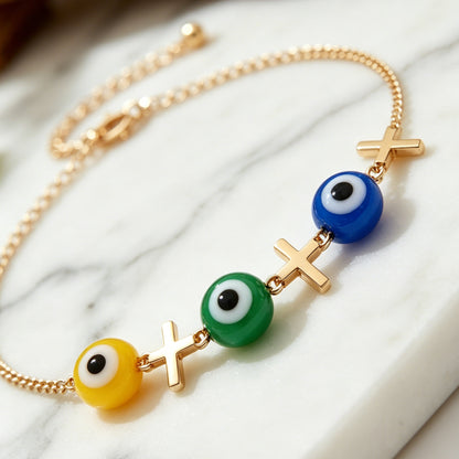 3-Color Evil Eye Anklet with Cross Charms