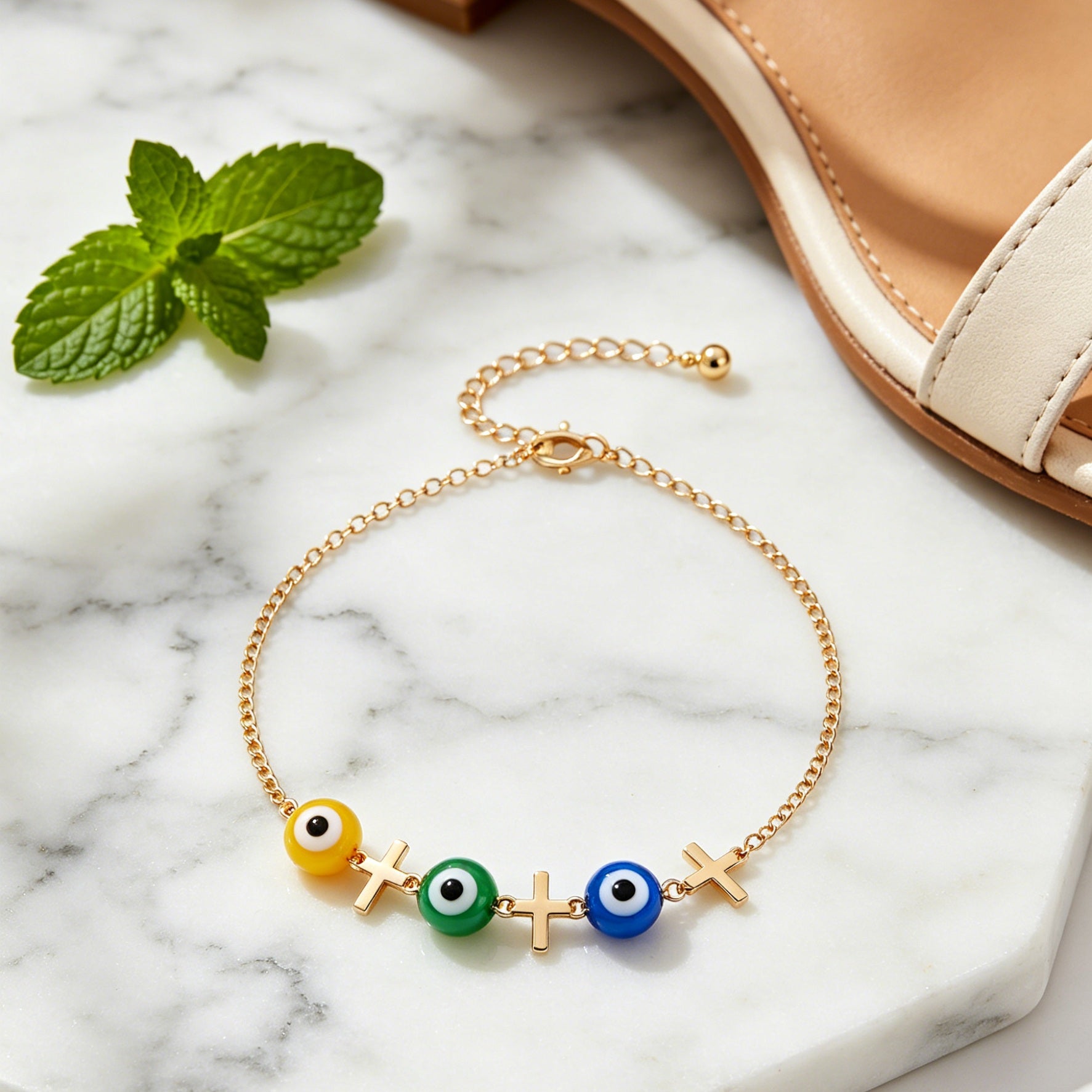 3-Color Evil Eye Anklet with Cross Charms