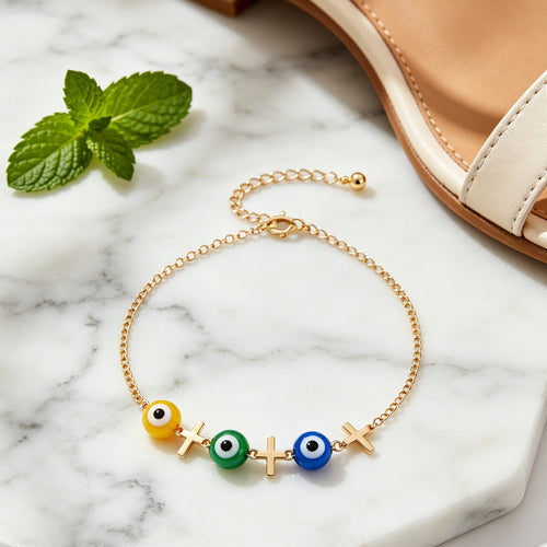 3-Color Evil Eye Anklet with Cross Charms