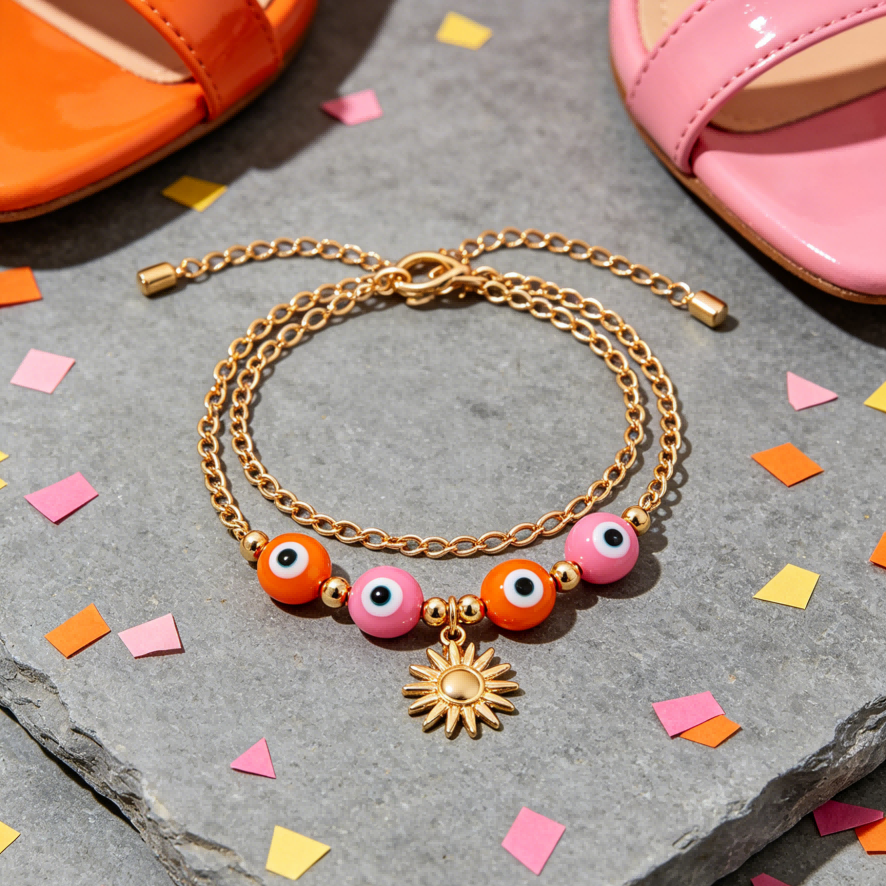 Sunset Duo Evil Eye Anklet – Orange & Pink Charm