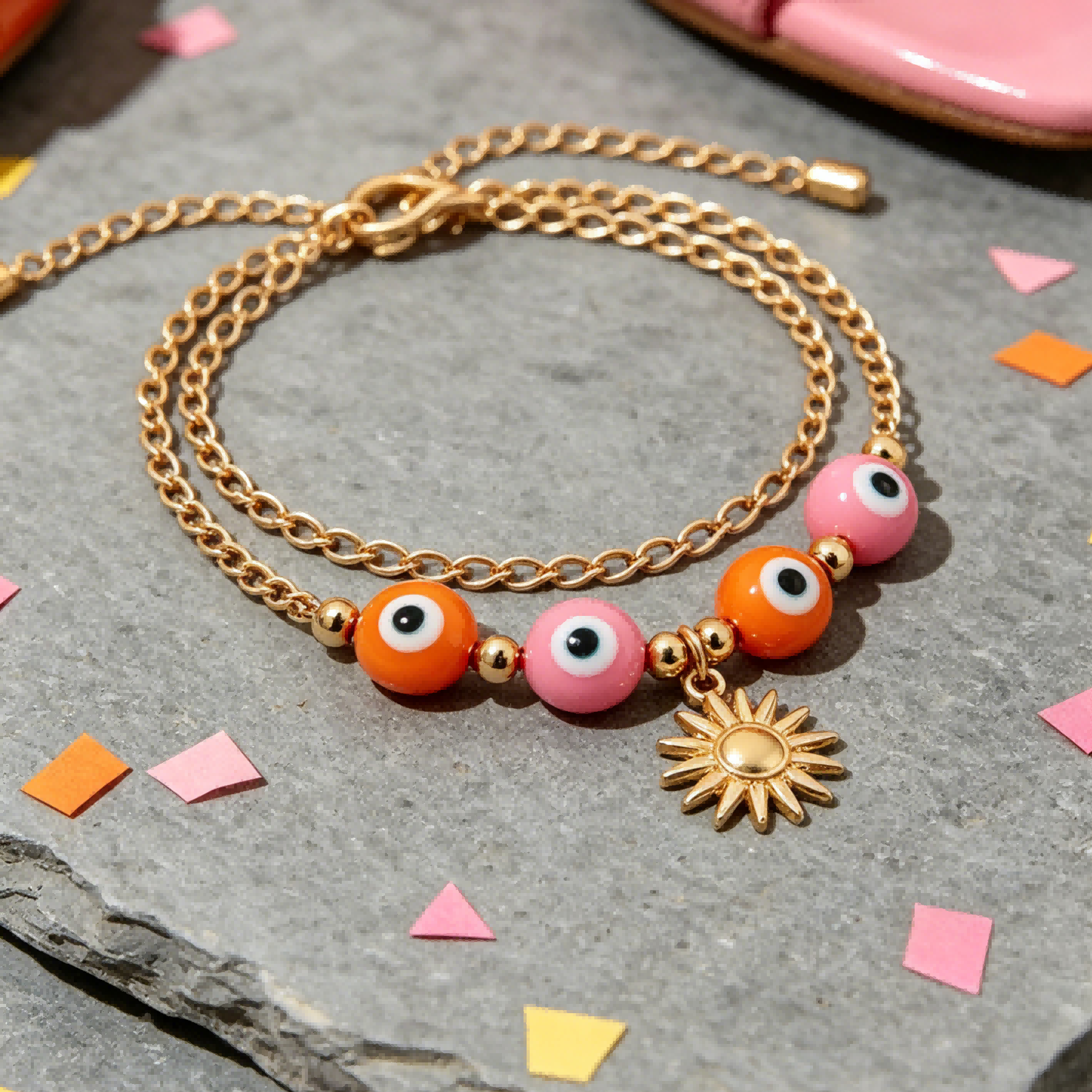 Sunset Duo Evil Eye Anklet – Orange & Pink Charm