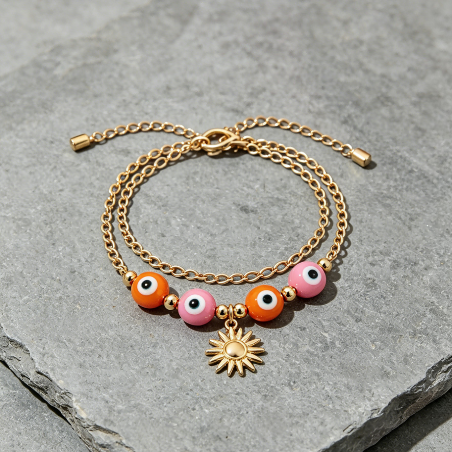Sunset Duo Evil Eye Anklet – Orange & Pink Charm