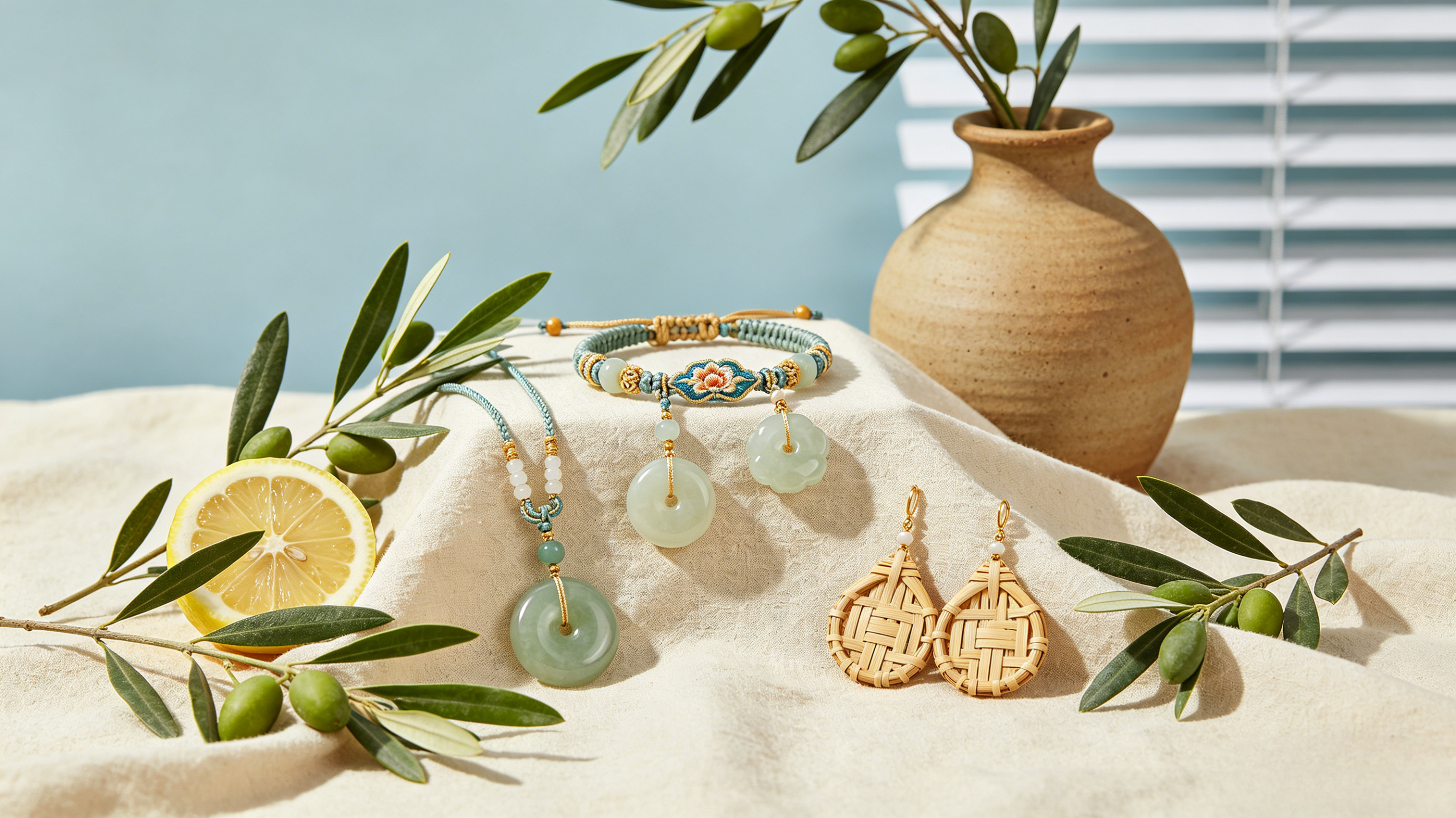 Jewelry set with earrings and bracelets on a sandy surface with greenery and a vase in the background.